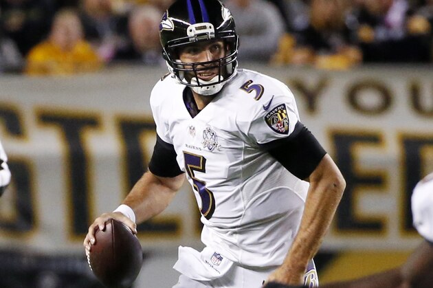 Baltimore Ravens quarterback Joe Flacco (5) scrambles out of the pocket during an NFL football game against the Pittsburgh Steelers, Thursday, Oct. 1, 2015 in Pittsburgh. (AP Photo/Gene J. Puskar)