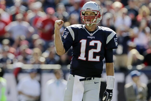 New England Patriots quarterback Tom Brady reacts in the second half of an NFL football game against the Jacksonville Jaguars, Sunday, Sept. 27, 2015, in Foxborough, Mass. (AP Photo/Charles Krupa)