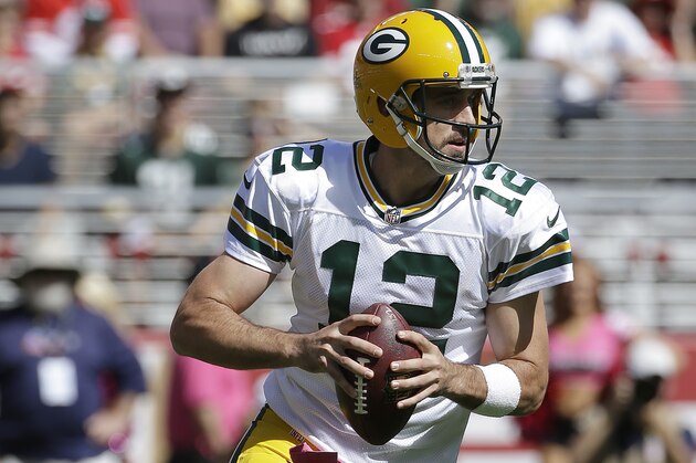 Green Bay Packers quarterback Aaron Rodgers (12) during the first half of an NFL football game against the San Francisco 49ers in Santa Clara, Calif., Sunday, Oct. 4, 2015. (AP Photo/Jeff Chiu)