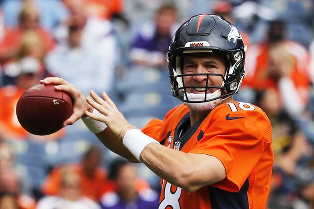 Denver Broncos quarterback Peyton Manning throws during an NFL football game between the Denver Broncos and the Minnesota Vikings Sunday, Oct. 4, 2015, in Denver. (AP Photo/Jack Dempsey)