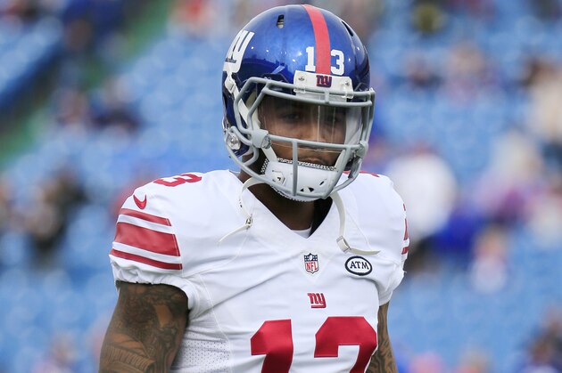 New York Giants wide receiver Odell Beckham warms up prior to an NFL football game against the Buffalo Bills, Sunday, Oct. 4, 2015, in Orchard Park, N.Y. (AP Photo/Bill Wippert)