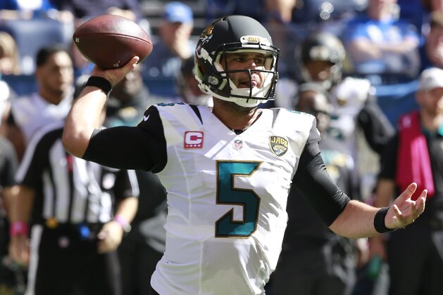 Jacksonville Jaguars' Blake Bortles (5) throws during the second half of an NFL football game against the Indianapolis Colts, Sunday, Oct. 4, 2015 in Indianapolis. (AP Photo/R Brent Smith)