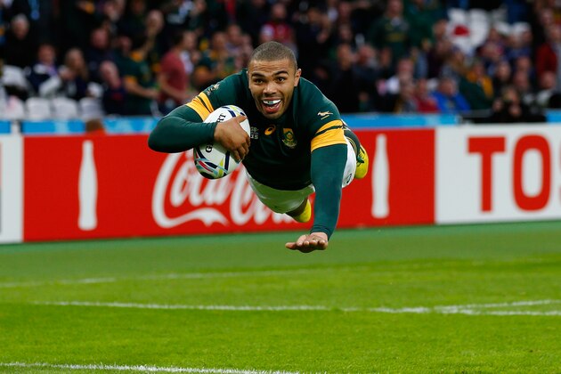 LONDON, ENGLAND - OCTOBER 07:  Bryan Habana of South Africa goes over to score their third try during the 2015 Rugby World Cup Pool B match between South Africa and USA at the Olympic Stadium on October 7, 2015 in London, United Kingdom.  (Photo by Shaun Botterill/Getty Images)