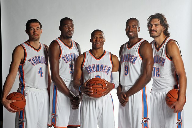 OKLAHOMA CITY, OK - SEPTEMBER 28:  Nick Collison #4, Kevin Durant #35, Russell Westbrook #0, Serge Ibaka #9 and Steven Adams #12 of the Oklahoma City Thunder pose for a portrait during 2015 NBA Media Day on September 28, 2015 at the Thunder Events Center in Edmond, Oklahoma. NOTE TO USER: User expressly acknowledges and agrees that, by downloading and or using this Photograph, user is consenting to the terms and conditions of the Getty Images License Agreement. Mandatory Copyright Notice: Copyright 2015 NBAE (Photo by Layne Murdoch/NBAE via Getty Images)