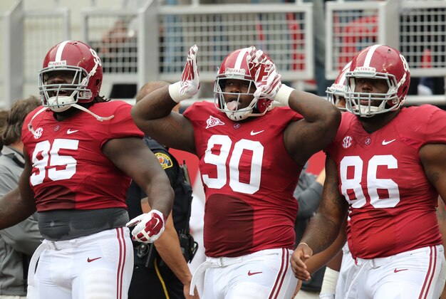 Apr 18, 2015; Tuscaloosa, AL, USA; Alabama Crimson Tide defensive lineman Jarran Reed (90),  defensive lineman Darren Lake (95)  defensive lineman A   Shawn Robinson (86) come onto the field for  the A-day game at Bryant Denny Stadium. Mandatory Credit: Marvin Gentry-USA TODAY Sports