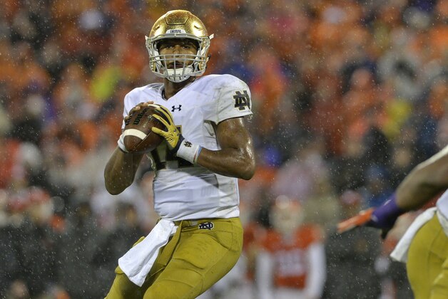 Notre Dame quarterback DeShone Kizer looks for a receiver during the second half of an NCAA college football game against Clemson Saturday, Oct. 3, 2015,  in Clemson,  S.C.  Clemson won 24-22. (AP Photo/Richard Shiro)