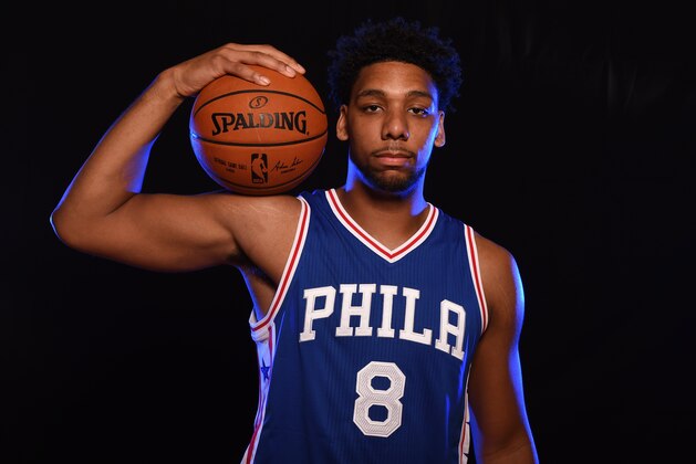 TARRYTOWN, NY - AUGUST 8: Jahlil Okafor #8 of the Philadelphia 76ers poses for a portrait during the 2015 NBA rookie photo shoot on August 8, 2015 at the Madison Square Garden Training Facility in Tarrytown, New York. NOTE TO USER: User expressly acknowledges and agrees that, by downloading and or using this photograph, User is consenting to the terms and conditions of the Getty Images License Agreement. Mandatory Copyright Notice: Copyright 2015 NBAE (Photo by Brian Babineau/NBAE via Getty Images)