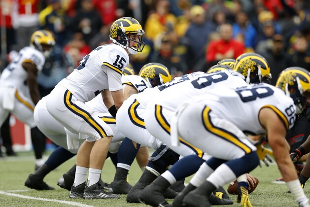 Michigan quarterback Jake Rudock (15) lines up for a play in the second half of an NCAA college football game against Maryland, Saturday, Oct. 3, 2015, in College Park, Md. (AP Photo/Patrick Semansky)