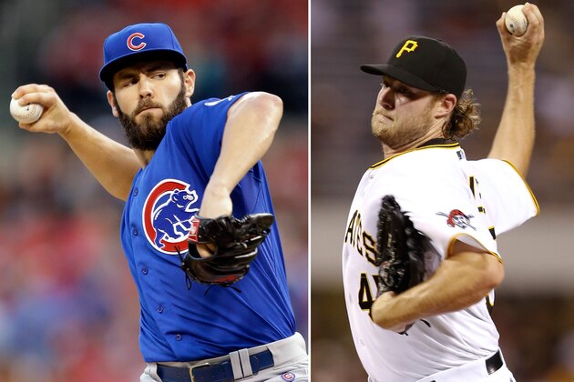FILE - At left, in a June 26, 2015, file photo, Chicago Cubs starting pitcher Jake Arrieta throws during the first inning of a baseball game against the St. Louis Cardinals, in St. Louis. At right, in an Aug. 17, 2015, file photo, Pittsburgh Pirates starting pitcher Gerrit Cole (45) throws against the Arizona Diamondbacks in a baseball game, in Pittsburgh. The two aces _ Cole, a former No. 1 pick and Arrieta a 29-year-old who has found his stuff with the Cubs _ face off in the NL wild card game on Wednesday, Oct. 7, 2015. (AP Photo/File)