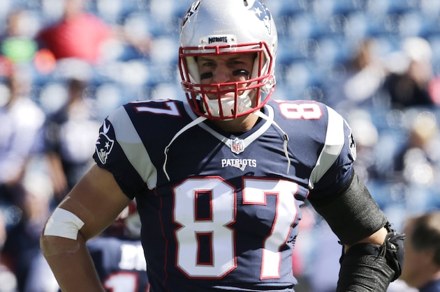 New England Patriots tight end Rob Gronkowski (87) warms up before an NFL football game, Sunday, Sept. 27, 2015, in Foxborough, Mass. (AP Photo/Charles Krupa)