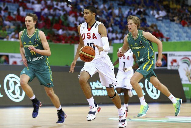 DUBAI, UNITED ARAB EMIRATES - AUGUST 16:  Jayson Tatum of the United States in action during the FIBA U17 World Championships Final match between Australia and the United States of America at the Hamdan Sports Complex on August 16, 2014 in Dubai, United Arab Emirates.  (Photo by Francois Nel/Getty Images)