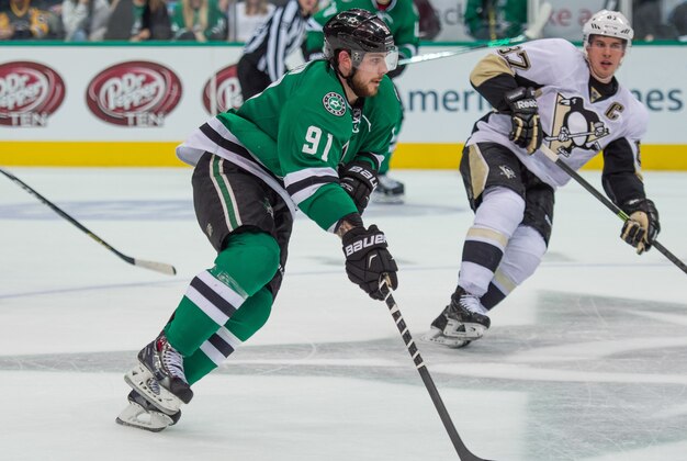 Mar 19, 2015; Dallas, TX, USA; Dallas Stars center Tyler Seguin (91) skates against the Pittsburgh Penguins during the game at the American Airlines Center. The Stars defeated the Penguins 2-1. Mandatory Credit: Jerome Miron-USA TODAY Sports