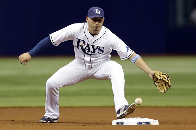 Tampa Bay Rays shortstop Asdrubal Cabrera reaches for a wild throw from starting pitcher Matt Moore during the first inning of an interleague baseball game against the Miami Marlins Tuesday, Sept. 29, 2015, in St. Petersburg, Fla. (AP Photo/Chris O'Meara)