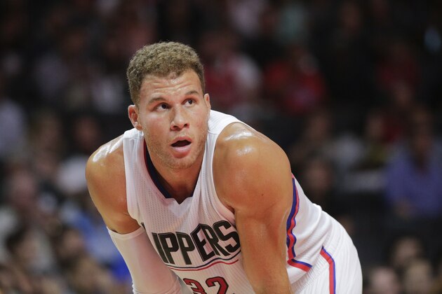 Los Angeles Clippers' Blake Griffin looks on during the first half of an NBA preseason basketball game against the Denver Nuggets, Friday, Oct. 2, 2015, in Los Angeles. (AP Photo/Jae C. Hong)