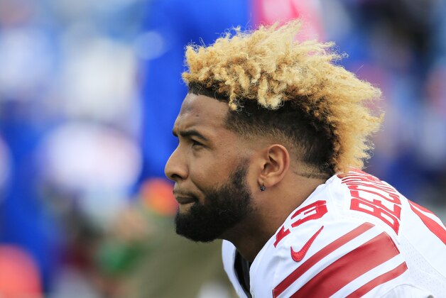 New York Giants wide receiver Odell Beckham stretches prior to an NFL football game against the Buffalo Bills, Sunday, Oct. 4, 2015, in Orchard Park, N.Y. (AP Photo/Bill Wippert)