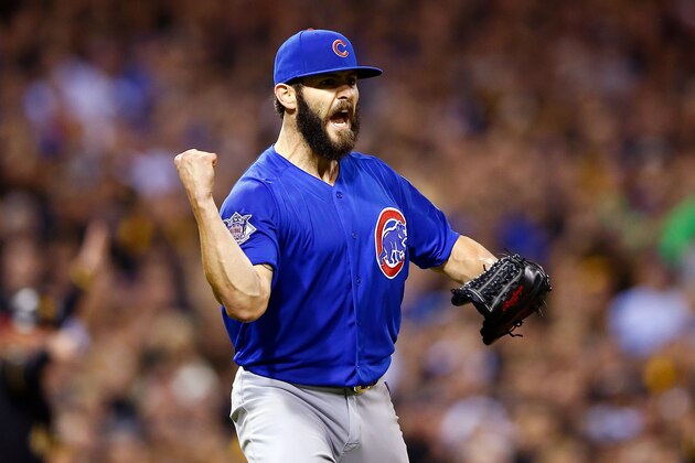 PITTSBURGH, PA - OCTOBER 07:  Jake Arrieta #49 of the Chicago Cubs reacts after a double play to end the sixth inning with the bases loaded during the National League Wild Card game against the Pittsburgh Pirates at PNC Park on October 7, 2015 in Pittsburgh, Pennsylvania.  (Photo by Jared Wickerham/Getty Images)