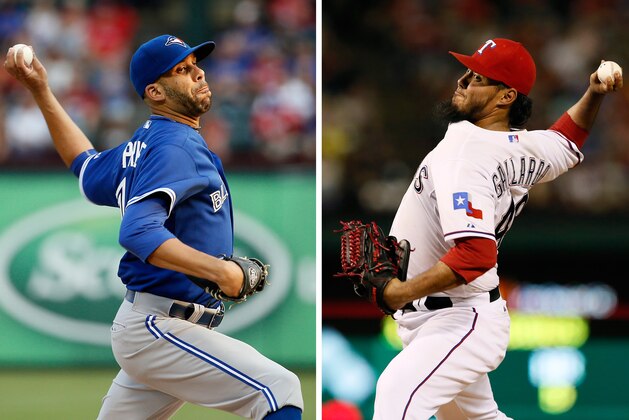 FILE - At left, in an Aug. 26, 2015, file photo, Toronto Blue Jays starting pitcher David Price works against the Texas Rangers in the first inning of a baseball game in Arlington, Texas. At right, a July 30, 2015, file photo, Texas Rangers' Yovani Gallardo works against the New York Yankees in a baseball game in Arlington, Texas. Price and Gallardo are scheduled to be the starting pitchers in Game 1 of their American League Division Series on Thursday, Oct. 8 in Toronto. (AP Photo/Tony Gutierrez, File)