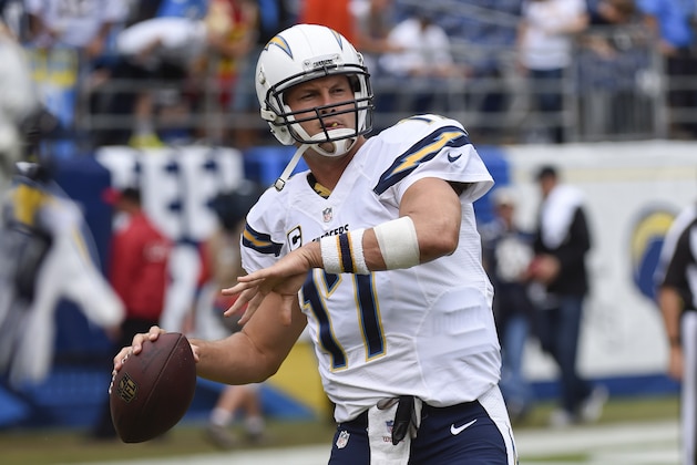 San Diego Chargers quarterback Philip Rivers throws during warmups before the Cleveland Browns face the San Diego Chargers in an NFL football game Sunday, Oct. 4, 2015, in San Diego. (AP Photo/Denis Poroy)