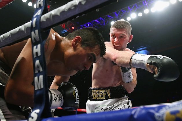 LIVERPOOL, ENGLAND - APRIL 18:  Liam Smith lands a right punch on David Ezequiel Romero during the Vacant WBO Intercontinental Light-Middleweight Championship fight between Liam Smith and David Ezequiel Romero at the World Championship boxing event at Echo Arena on April 18, 2015 in Liverpool, England.  (Photo by Alex Livesey/Getty Images)