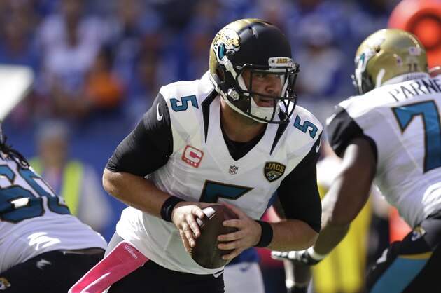 Jacksonville Jaguars' Blake Bortles (5) in action during the second half of an NFL football game against the Indianapolis Colts, Sunday, Oct. 4, 2015, in Indianapolis. (AP Photo/Michael Conroy)