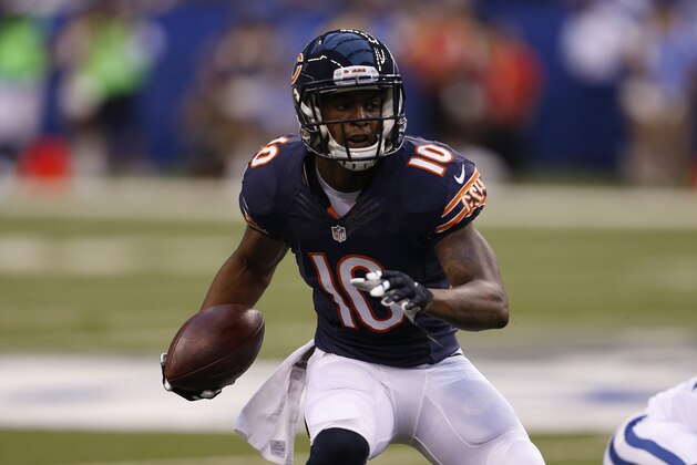 Chicago Bears wide receiver Marquess Wilson (10) in the first half of an NFL preseason football game against the Indianapolis Colts in Indianapolis, Saturday, Aug. 22, 2015.  (AP Photo/Sam Riche)