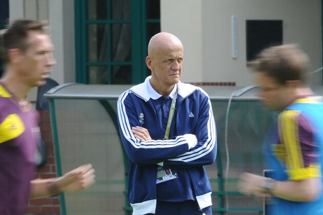 UEFA head of refereeing Pierluigi Collina, center,  watches a referees training session at the Euro 2012 soccer championship in Warsaw, Poland, Wednesday, June 20, 2012. (AP Photo/Alik Keplicz)