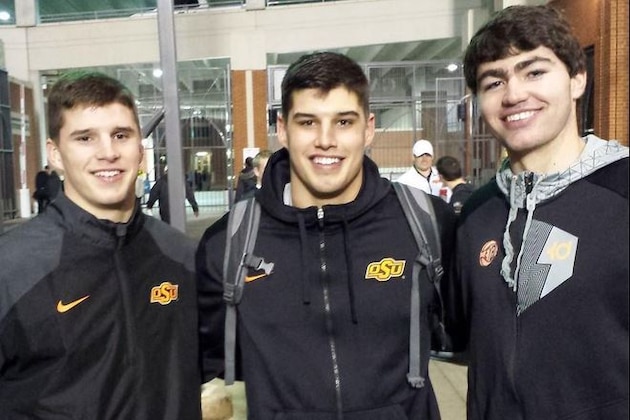 2017 tight end/defensive end Logan Rudolph (left) poses with older brother and starting Oklahoma State quarterback Mason Rudolph (center) and North Carolina freshman basketball player Luke Maye. Logan Rudolph has eight offers, including back-to-back offers from Michigan and Oklahoma State.