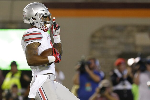 Sep 7, 2015; Blacksburg, VA, USA; Ohio State Buckeyes wide receiver Braxton Miller (1) runs with the ball en route to a touchdown against the Virginia Tech Hokies at Lane Stadium. Mandatory Credit: Geoff Burke-USA TODAY Sports