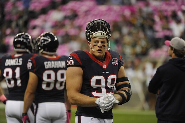 Houston Texans' J.J. Watt (99) before an NFL football game against the Green Bay Packers, Sunday, Oct. 14, 2012 in Houston. (AP Photo/Dave Einsel)