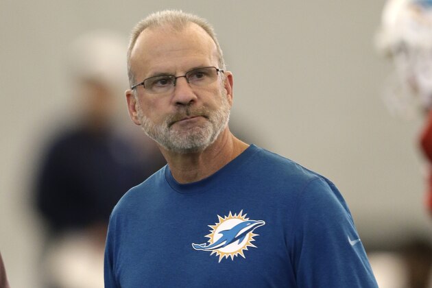 Miami Dolphins defensive coordinator Kevin Coyle watches as he walks on the field during NFL football practice Wednesday, Oct. 7, 2015, in Davie, Fla. (AP Photo/Alan Diaz)