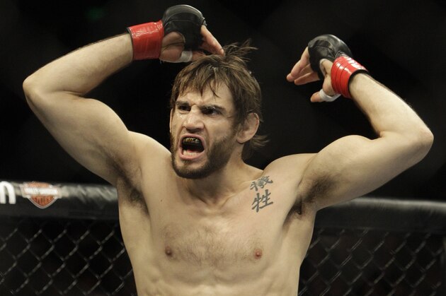 Jon Fitch reacts during a UFC mixed martial arts match against Thiago Alves in Oakland, California, Saturday, August 7, 2010. Fitch won by unanimous decision. (AP Photo/Jeff Chiu)