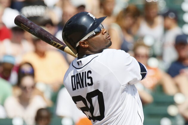 Detroit Tigers' Rajai Davis flies out during the fourth inning of a baseball game against the Tampa Bay Rays at Comerica Park Monday, Sept. 7, 2015, in Detroit. (AP Photo/Duane Burleson)
