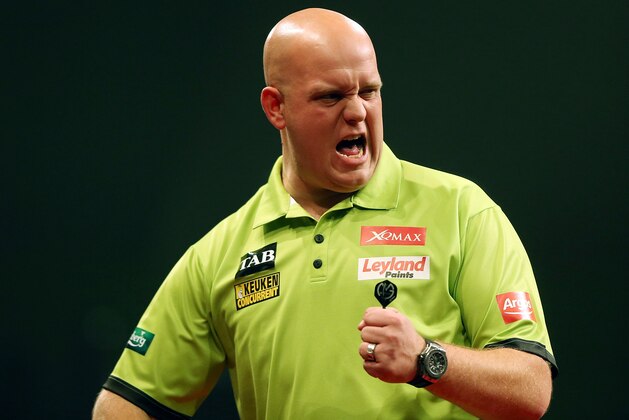 AUCKLAND, NEW ZEALAND - AUGUST 29: Michael Van Gerwen celebrates during the Auckland Darts Masters at The Trusts Arena on August 29, 2015 in Auckland, New Zealand.  (Photo by Michael Bradley/Getty Images)