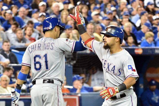 Oct 8, 2015; Toronto, Ontario, CAN; Texas Rangers second baseman Rougned Odor (right) celebrates with catcher Robinson Chirinos (61) after hitting a solo home run against the Toronto Blue Jays in the 7th inning in game one of the ALDS at Rogers Centre. Mandatory Credit: Nick Turchiaro-USA TODAY Sports
