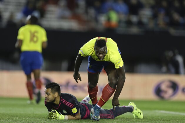 Ecuador's Felipe Caicedo, right, celebrates scoring against Argentina's Sergio Romero during a 2018 Russia World Cup qualifying soccer match in Buenos Aires, Argentina, Thursday, Oct. 8, 2015. (AP Photo/Natacha Pisarenko)