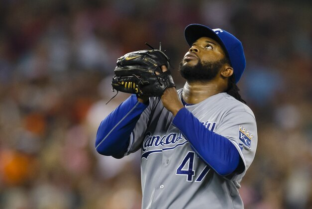 Sep 18, 2015; Detroit, MI, USA; Kansas City Royals starting pitcher Johnny Cueto (47) walks off the field after being relieved in the eighth inning against the Detroit Tigers at Comerica Park. Mandatory Credit: Rick Osentoski-USA TODAY Sports