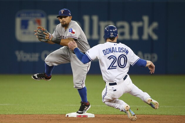 TORONTO, ON - OCTOBER 08:  Rougned Odor #12 of the Texas Rangers collides with Josh Donaldson #20 of the Toronto Blue Jays after taggin him out in the fourth inning during game one of the American League Division Series at Rogers Centre on October 8, 2015 in Toronto, Ontario, Canada.  (Photo by Tom Szczerbowski/Getty Images)