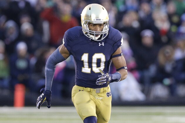 Notre Dame safety Max Redfield (10) runs on the field during the first half of an NCAA college football game against Northwestern in South Bend, Ind., Saturday, Nov. 15, 2014. (AP Photo/Nam Y. Huh)