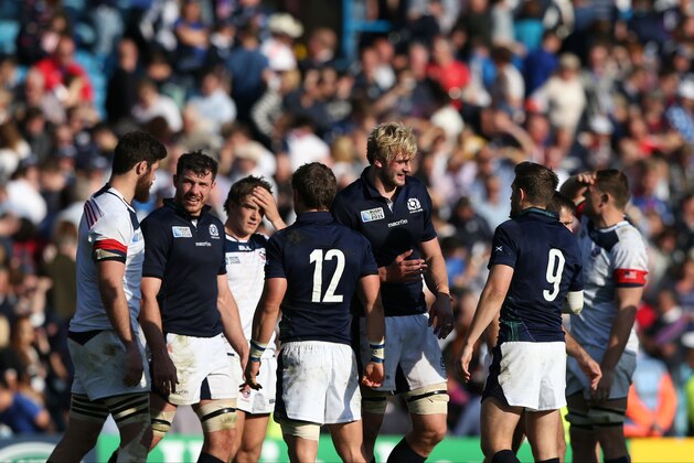 Scotland celebrate their 39-16 win after their Rugby World Cup Pool B match between Scotland and USA at Elland Road, Leeds, England, Sunday, Sept. 27, 2015. (AP Photo/Scott Heppell)