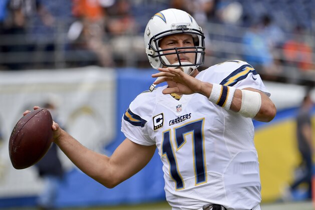 San Diego Chargers quarterback Philip Rivers throws during warmups before the Cleveland Browns face the San Diego Chargers in an NFL football game Sunday, Oct. 4, 2015, in San Diego. (AP Photo/Denis Poroy)