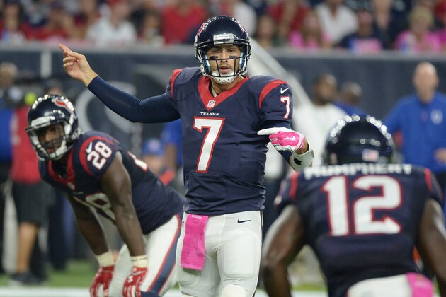 Houston Texans' Brian Hoyer (7) callas a play after he replaced injured teammate Ryan Mallett during the first half of an NFL football game against the Indianapolis Colts, Thursday, Oct. 8, 2015, in Houston. (AP Photo/George Bridges)