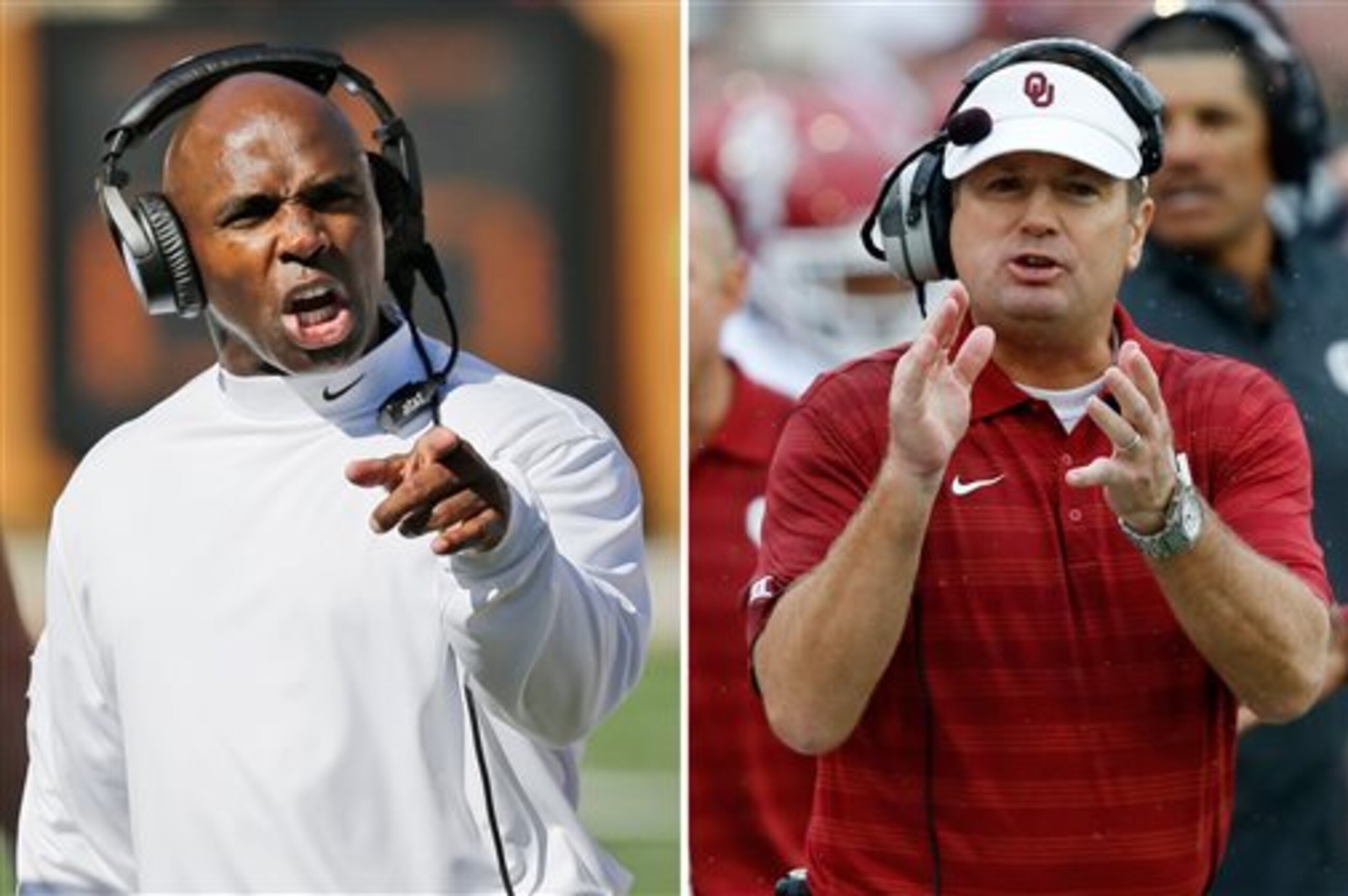 FILE - At left, in an Oct. 4, 2014, file photo, Texas head coach Charlie Strong talks to officials during the first half of an NCAA college football game against Baylor in Austin, Texas. At right, in a Sept. 6, 2014, file photo, Oklahoma head coach Bob Stoops applauds his players during an NCAA college football game in Tulsa, Okla. When Strong leads Texas through the Cotton Bowl tunnel to play No. 11 Oklahoma, he'll get his first taste of one of the fiercest rivalries in college football. Saturday will also be Strong's first matchup as a head coach against the Sooners' Bob Stoops, whose 15-year rivalry with Mack Brown tended to overshadow the legions of future NFL players who did the blocking, tackling and scoring touchdowns on the field. (AP Photo/File) FILE - At left, in an Oct. 4, 2014, file photo, Texas head coach Charlie Strong talks to officials during the first half of an NCAA college football game against Baylor in Austin, Texas. At right, in a Sept. 6, 2014, file photo, Oklahoma head coach Bob Stoops applauds his players during an NCAA college football game in Tulsa, Okla. When Strong leads Texas through the Cotton Bowl tunnel to play No. 11 Oklahoma, he'll get his first taste of one of the fiercest rivalries in college football. Saturday will also be Strong's first matchup as a head coach against the Sooners' Bob Stoops, whose 15-year rivalry with Mack Brown tended to overshadow the legions of future NFL players who did the blocking, tackling and scoring touchdowns on the field. (AP Photo/File)