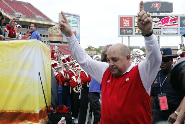 Jan 1, 2015; Tampa, FL, USA; Wisconsin Badgers Barry Alvarez walks off the field after his team won in overtime against the Auburn Tigers at  the 2015 Outback Bowl at Raymond James Stadium. The Wisconsin Badgers defeated the Auburn Tigers in overtime 34-31. Mandatory Credit: Mark Zerof-USA TODAY Sports