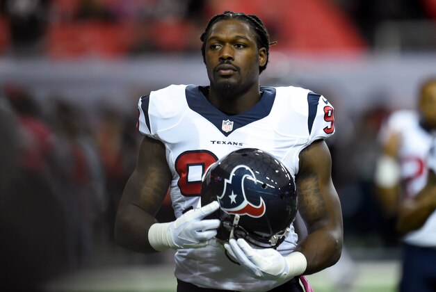 Oct 4, 2015; Atlanta, GA, USA; Houston Texans linebacker Jadeveon Clowney (90) shown on the field prior to the game against the Atlanta Falcons at the Georgia Dome. Mandatory Credit: Dale Zanine-USA TODAY Sports