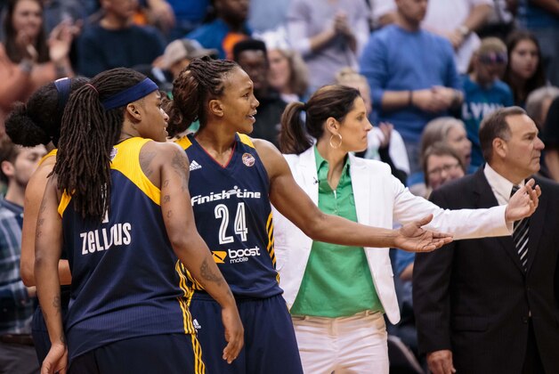 Oct 4, 2015; Minneapolis, MN, USA; Indiana Fever forward Tamika Catchings (24) reacts to a call in the fourth quarter against the Minnesota Lynx at Target Center. The Indiana Fever beat the Minnesota Lynx 75-69. Mandatory Credit: Brad Rempel-USA TODAY Sports