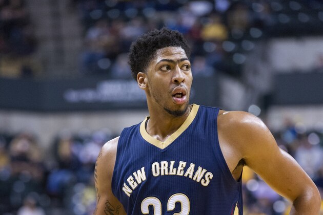 New Orleans Pelicans' Anthony Davis (23) during a break the first half of a preseason NBA basketball game Saturday, Oct. 3, 2015, in Indianapolis. The Pelicans won, 110-105. (AP Photo/Doug McSchooler)