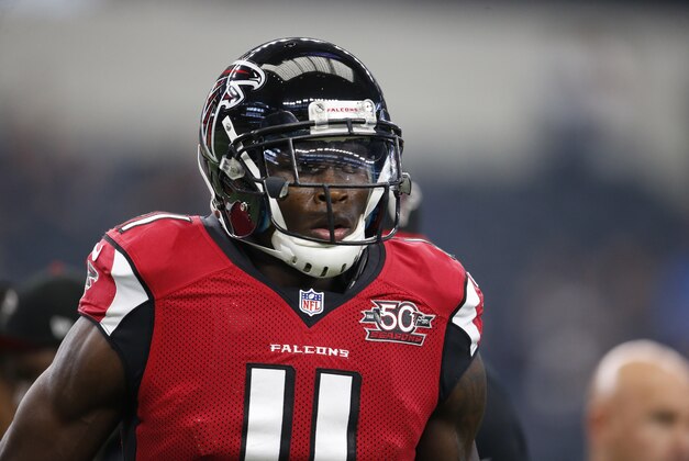 Sep 27, 2015; Arlington, TX, USA; Atlanta Falcons receiver Julio Jones (11) prior to the game against the Dallas Cowboys at AT&T Stadium. Mandatory Credit: Matthew Emmons-USA TODAY Sports