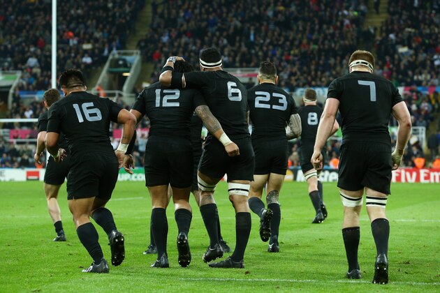 NEWCASTLE UPON TYNE, ENGLAND - OCTOBER 09:  Ma'a Nonu (12) of the New Zealand All Blacks celebrates with his team-mates after scoring their seventh try during the 2015 Rugby World Cup Pool C match between New Zealand and Tonga at St James' Park on October 9, 2015 in Newcastle upon Tyne, United Kingdom.  (Photo by Mark Runnacles/Getty Images)