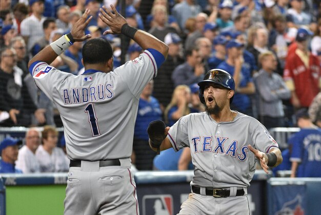 Oct 9, 2015; Toronto, Ontario, CAN; Texas Rangers second baseman Rougned Odor (right) celebrates with shortstop Elvis Andrus (1) after scoring a run against the Toronto Blue Jays in the 14th inning in game two of the ALDS at Rogers Centre. Mandatory Credit: Nick Turchiaro-USA TODAY Sports