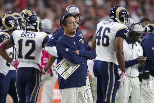 St. Louis Rams head coach Jeff Fisher watches during the first half of an NFL football game against the Arizona Cardinals, Sunday, Oct. 4, 2015, in Glendale, Ariz. (AP Photo/Ross D. Franklin)